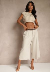Renee - Jasnobeżowe Eleganckie Spodnie Typu Culottes Silunea. Okazja: na co dzień, na spotkanie biznesowe, do pracy. Kolor: beżowy. Styl: elegancki