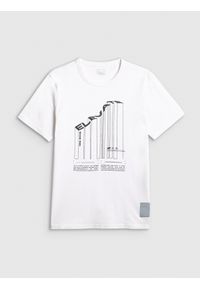 4f - 4F T-shirt regular z nadrukiem męski - biały S. Okazja: do pracy, na spacer, na co dzień. Kolor: biały. Materiał: dzianina, bawełna, materiał. Wzór: nadruk. Styl: casual, klasyczny #1