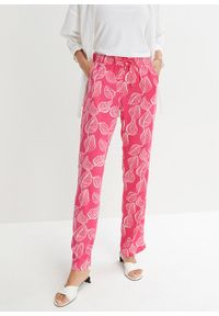 bonprix - Spodnie z gumką w talii. Kolor: różowy. Materiał: materiał