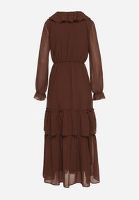 Born2be - Brązowa Siateczkowa Sukienka VICES o Rozkloszowanym Kroju z Falbanami Arevite. Typ kołnierza: dekolt w kształcie V. Kolor: brązowy. Typ sukienki: rozkloszowane. Styl: klasyczny #2