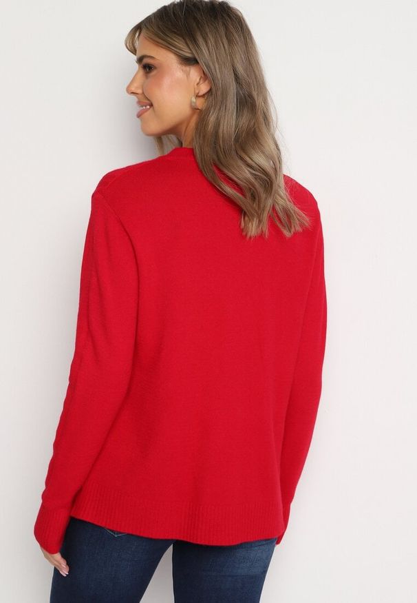 Born2be - Bordowy Klasyczny Kardigan z Dodatkiem Bawełny na Guziki z Geometrycznym Tłoczeniem Mevasina. Okazja: na spotkanie biznesowe, do pracy. Kolor: czerwony. Materiał: bawełna. Wzór: geometria. Styl: klasyczny