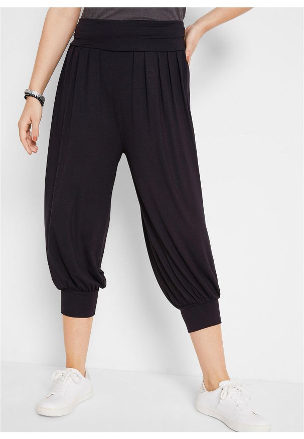 bonprix - Spodnie haremki z miękkiej mieszanki wiskozy. Kolor: czarny. Materiał: wiskoza, bawełna, materiał
