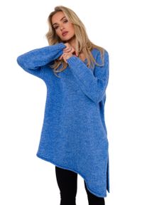 MOE - Asymetryczny Sweter Oversize - Lazurowy. Kolor: niebieski. Materiał: wełna, poliester
