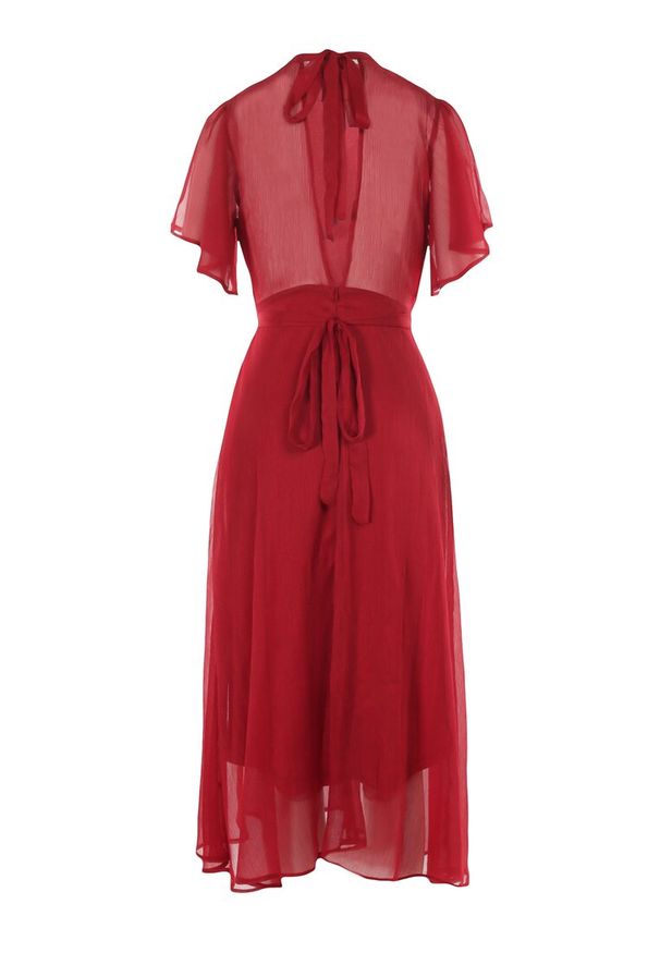 Born2be - Bordowa Sukienka o Rozkloszowanym Kroju z Wiązaniem Acsophia. Kolor: czerwony. Materiał: tkanina, materiał. Długość rękawa: krótki rękaw. Styl: elegancki, wizytowy. Długość: midi