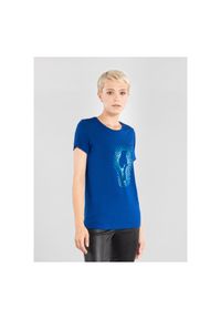 Ochnik - Niebieski T-shirt damski z wilgą. Kolor: niebieski. Materiał: wiskoza. Wzór: aplikacja. Styl: elegancki