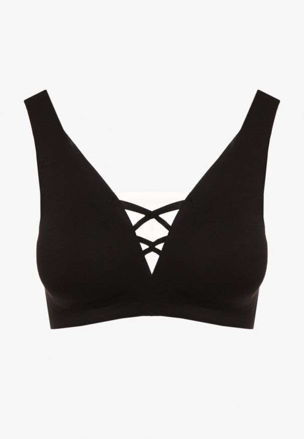 Born2be - Czarny Biustonosz Sportowy z Siateczką i Gorsetowym Zdobieniem Saliatessa. Kolor: czarny. Rodzaj stanika: wyciągane miseczki. Wzór: aplikacja