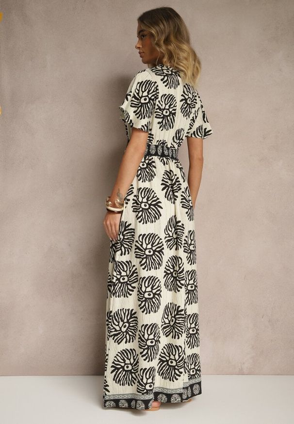 Renee - Beżowo-Czarna Sukienka w Print Boho z Wiskozy Rozkloszowana z Dekoltem V Palarina. Typ kołnierza: dekolt w kształcie V. Kolor: czarny. Materiał: wiskoza. Wzór: nadruk. Sezon: lato. Typ sukienki: rozkloszowane. Styl: boho