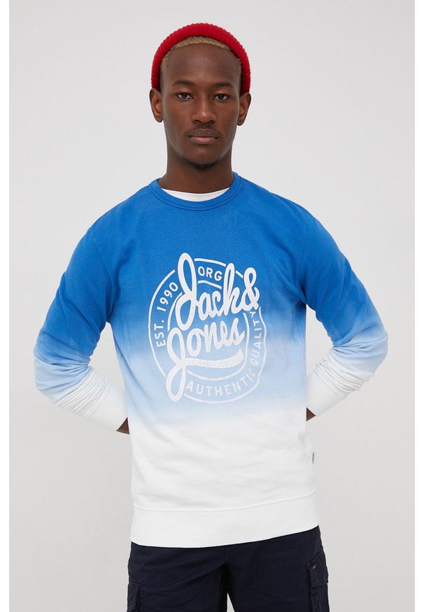 Jack & Jones bluza bawełniana męska z nadrukiem. Okazja: na co dzień. Kolor: niebieski. Materiał: bawełna. Wzór: nadruk. Styl: casual