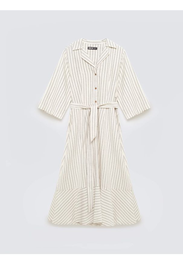 Big-Star - Sukienka damska midi koszulowa w prążek perłowa Kemesi 103. Okazja: na co dzień, do pracy. Typ kołnierza: kołnierzyk klasyczny. Kolor: kremowy. Wzór: prążki. Typ sukienki: koszulowe. Materiał: tkanina, len. Długość rękawa: krótki rękaw. Sezon: lato. Styl: casual, elegancki, klasyczny. Długość: midi