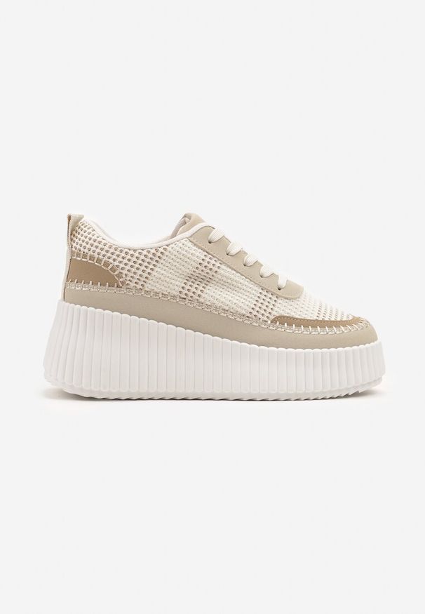 Renee - Beżowe Sneakersy na Tłoczonej Platformie z Ozdobnymi Przeszyciami Faloviela. Kolor: beżowy. Materiał: jeans. Obcas: na platformie