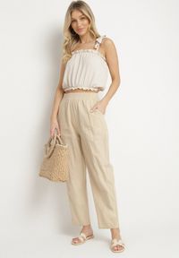 Born2be - Beżowe Bawełniane Spodnie z Wysokim Stanem Vivivara. Okazja: na co dzień. Stan: podwyższony. Kolor: beżowy. Materiał: bawełna. Styl: casual, klasyczny #7