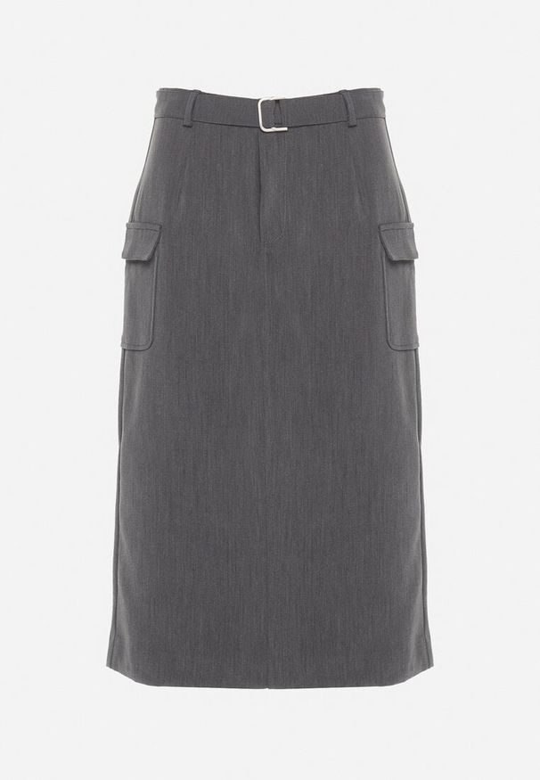 Born2be - Szara Spódnica z Wiskozą Paskiem i Kieszeniami z Klapami Talabria. Okazja: na co dzień. Kolor: szary. Materiał: wiskoza. Styl: casual, elegancki