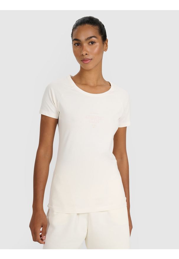 4f - 4F T-shirt slim z nadrukiem damski - biały S. Okazja: na co dzień. Kolor: biały. Materiał: bawełna, jersey, materiał, elastan. Długość rękawa: raglanowy rękaw. Wzór: nadruk. Styl: sportowy, klasyczny, casual