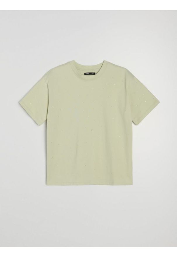 Sinsay - Bawełniana koszulka z cyrkoniami - zielony. Kolor: zielony. Materiał: bawełna