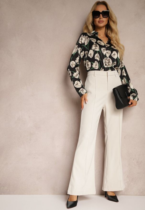 Renee - Beżowe Casualowe Spodnie w Stylu Dzwonów High Waist Uinna. Okazja: na co dzień. Stan: podwyższony. Kolor: beżowy. Styl: casual