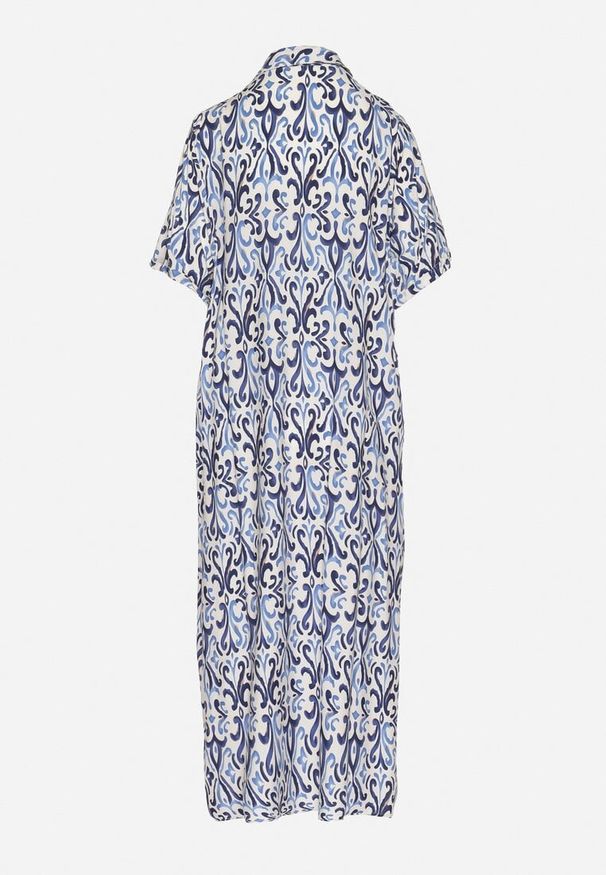 Born2be - Niebieska Sukienka z Wiskozy o Pudełkowym Kroju w Ornamentalny Wzór Ridisa. Okazja: na imprezę, na co dzień. Typ kołnierza: dekolt w kształcie V. Kolor: niebieski. Materiał: wiskoza. Długość rękawa: krótki rękaw. Typ sukienki: proste. Styl: elegancki, casual