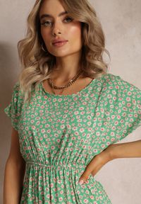 Renee - Zielona Rozkloszowana Sukienka Mini w Kwiaty z Gumką w Pasie z Wiskozy Elineano. Kolor: zielony. Materiał: wiskoza. Długość rękawa: krótki rękaw. Wzór: kwiaty. Długość: mini #3