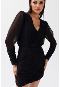 Marsala - Drapowana sukienka z szyfonu matowa - EMPIRE black-S. Okazja: na imprezę. Materiał: szyfon. Długość rękawa: długi rękaw. Długość: mini