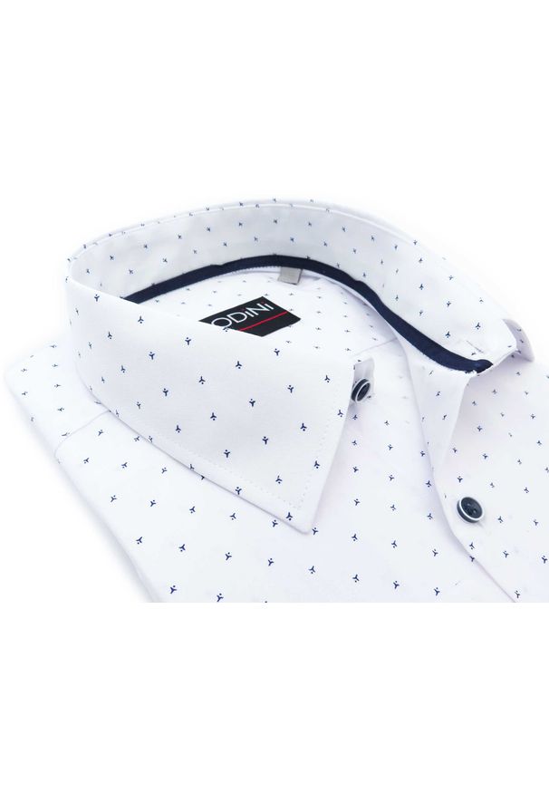 Modini - Biała koszula męska w granatowy wzorek A49. Kolor: biały, wielokolorowy, niebieski. Materiał: bawełna, poliester, tkanina. Długość: długie. Styl: klasyczny