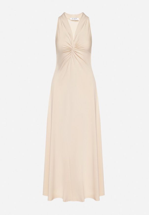 Born2be - Jasnobeżowa Rozkloszowana Sukienka Bez Rękawów z Wiskozą Zdobiona Marszczeniem Folenissa. Okazja: na imprezę. Typ kołnierza: kokarda, dekolt w kształcie V. Kolor: beżowy. Materiał: wiskoza. Długość rękawa: bez rękawów. Wzór: aplikacja. Typ sukienki: rozkloszowane