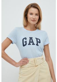 GAP t-shirt bawełniany kolor niebieski. Kolor: niebieski. Materiał: bawełna. Długość rękawa: krótki rękaw. Długość: krótkie. Wzór: nadruk #1