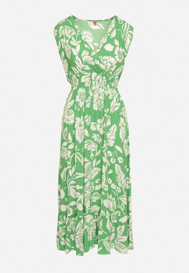 Born2be - Zielona Rozkloszowana Sukienka z Wiskozy w Kwiaty z Gumką w Talii Eranea. Kolor: zielony. Materiał: wiskoza. Wzór: kwiaty. Styl: elegancki