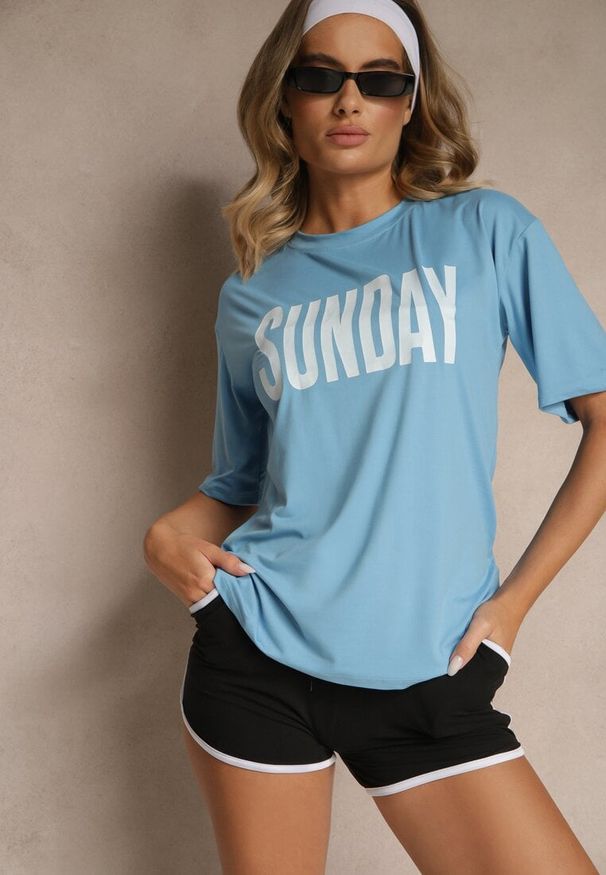 Renee - Niebiesko-Czarny Komplet T-shirt z Nadrukiem i Szorty w Sportowym Stylu Aravire. Kolor: niebieski. Materiał: jeans. Wzór: nadruk