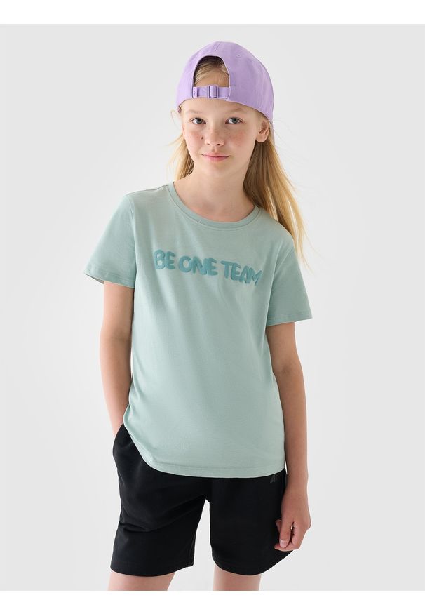 4f - 4F T-shirt z nadrukiem dziewczęcy - turkusowy 164 (13-14 lat). Okazja: na co dzień. Kolor: turkusowy. Materiał: bawełna, jersey, dzianina. Długość rękawa: krótki rękaw. Długość: krótkie. Wzór: nadruk. Sezon: lato. Styl: sportowy, klasyczny, casual
