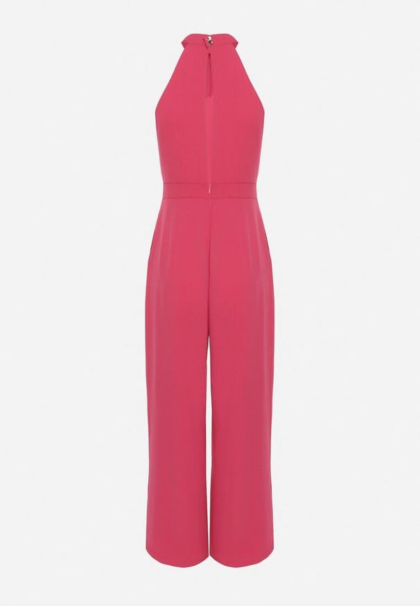 Born2be - Fuksjowy Kombinezon Bez Rękawów z Ozdobnym Wiązaniem i Szerokimi Nogawkami Silarine. Okazja: na co dzień. Kolor: różowy. Materiał: jeans. Długość rękawa: bez rękawów. Styl: elegancki, casual, sportowy, klasyczny