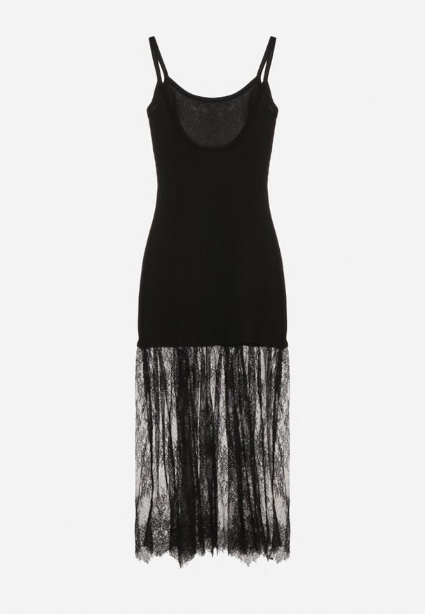 Born2be - Czarna Prążkowana Sukienka Koktajlowa Ozdobiona Koronką Sonalitea. Kolor: czarny. Materiał: prążkowany, koronka. Wzór: koronka, aplikacja. Styl: wizytowy