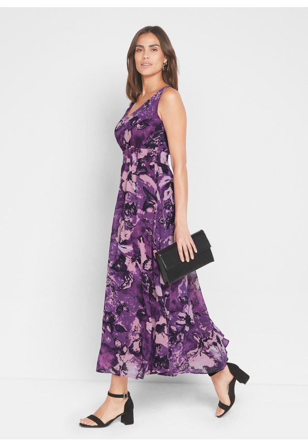 bonprix - Długa sukienka szyfonowa. Kolor: fioletowy. Materiał: szyfon. Styl: elegancki. Długość: maxi