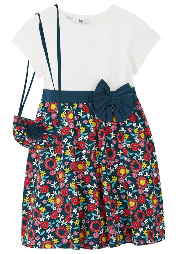 bonprix - Sukienka shirtowa + torebka (2 części), z czystej bawełny organicznej. Kolor: biały. Materiał: bawełna. Długość rękawa: krótki rękaw. Wzór: nadruk, aplikacja, kolorowy, kwiaty. Długość: midi