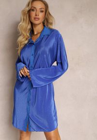 Renee - Granatowa Koszulowa Sukienka Mini Udekorowana Plisowaniem Culven. Kolor: niebieski. Materiał: tkanina. Typ sukienki: koszulowe. Długość: mini #1