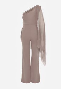 Renee - Ciemnobeżowy Kombinezon Elegancki o Asymetrycznym Kroju z Lekką Narzutką na Ramię Naeranie. Kolor: beżowy. Styl: elegancki #7