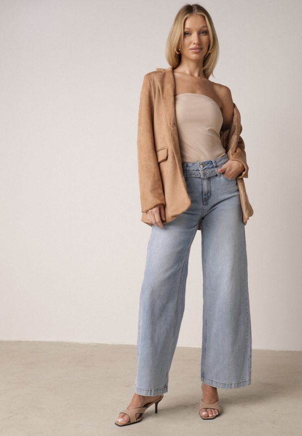 Born2be - Niebieskie Szerokie Jeansy z Bawełną z Wysokim Stanem i Denimowym Paskiem Venwyn. Okazja: na co dzień, na spotkanie biznesowe, do pracy. Stan: podwyższony. Kolor: niebieski. Styl: casual, biznesowy, elegancki