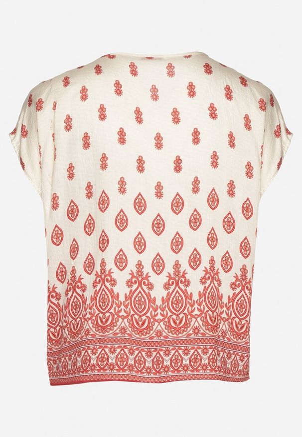 Born2be - Biało-Czerwona Bluzka w Boho Wzór z Wiązaniem przy Dekolcie Jenalia. Kolor: czerwony. Materiał: jeans, materiał. Styl: boho