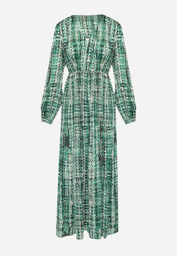 Born2be - Zielona Sukienka Maxi z Gumką w Talii i Plisowanym Dołem w Tweedowy Wzór Viostana. Okazja: na co dzień. Kolor: zielony. Typ sukienki: proste. Styl: retro, klasyczny, elegancki, casual. Długość: maxi