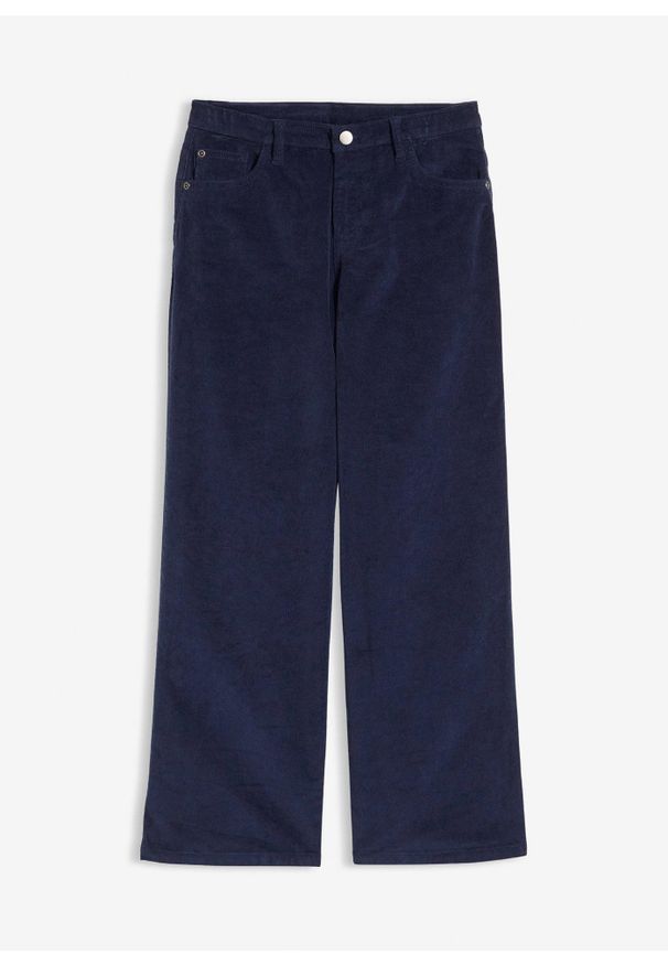 bonprix - Miękkie spodnie sztruksowe z bawełny organicznej nadającej się do recyklingu. Okazja: na co dzień. Kolor: niebieski. Materiał: bawełna, sztruks. Styl: casual, elegancki, młodzieżowy