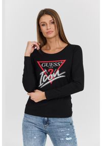 Guess - GUESS Czarny damski longsleeve Icon Tee z dużym logo, Rozmiar S. Kolor: czarny. Materiał: bawełna. Długość rękawa: długi rękaw. Wzór: aplikacja. Styl: klasyczny