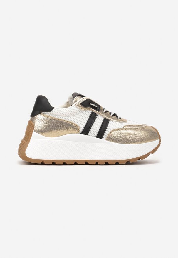 Renee - Biało-Złote Sneakersy Vices na Platformie z Metalicznymi Paskami Lenela. Okazja: na spacer. Zapięcie: pasek. Kolor: biały. Materiał: jeans. Obcas: na platformie. Sport: turystyka piesza