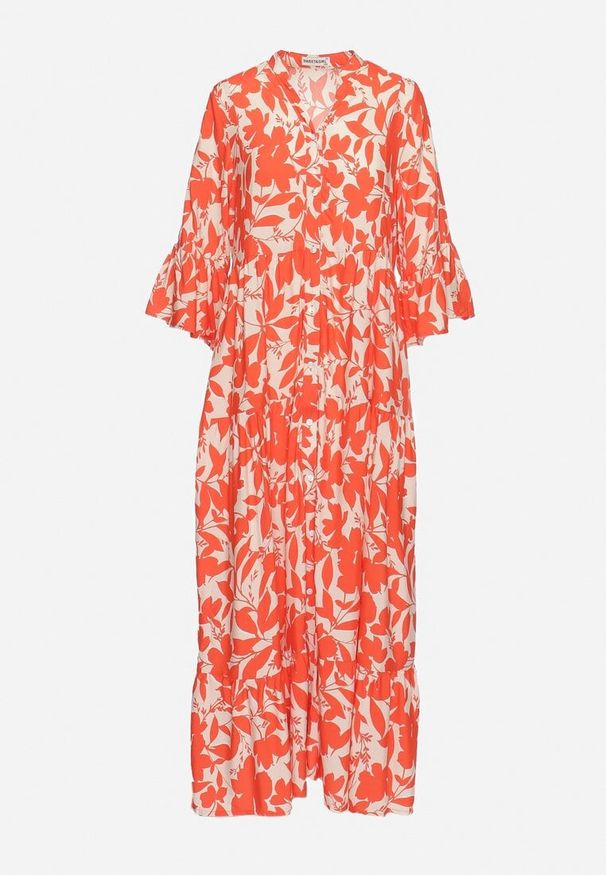 Born2be - Czerwona Długa Sukienka z Abstrakcyjnym Wzorem i Rękawami 3/4 Thalorias. Kolor: czerwony. Długość: maxi