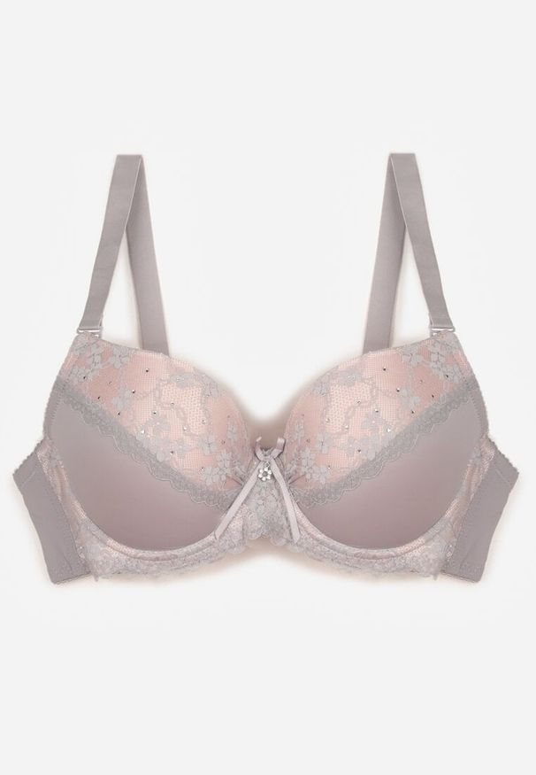 Renee - Szaro-Różowy Biustonosz z Koronką i Cyrkoniami Himelodia. Kolor: szary. Materiał: koronka. Wzór: koronka