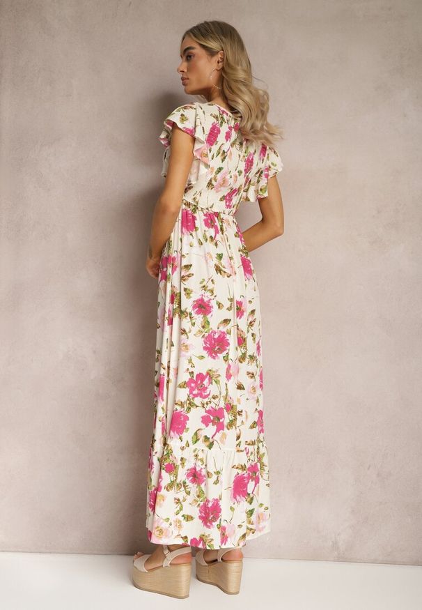 Renee - Jasnobeżowa Wiskozowa Sukienka w Kwiatowy Print Rozkloszowana Maxi Veradisia. Okazja: na spacer, na plażę. Kolor: beżowy. Materiał: wiskoza. Wzór: nadruk, kwiaty. Sezon: lato. Długość: maxi
