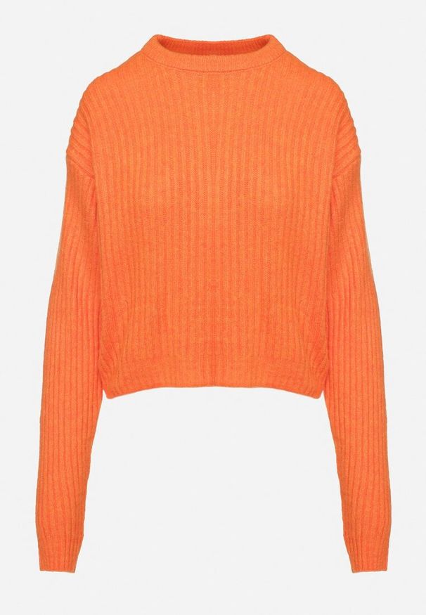 Born2be - Pomarańczowy Sweter o Pudełkowym Kroju z Prążkowanym Tłoczeniem Omelis. Okazja: na co dzień. Kolor: pomarańczowy. Materiał: prążkowany. Długość rękawa: długi rękaw. Długość: długie. Styl: elegancki, casual