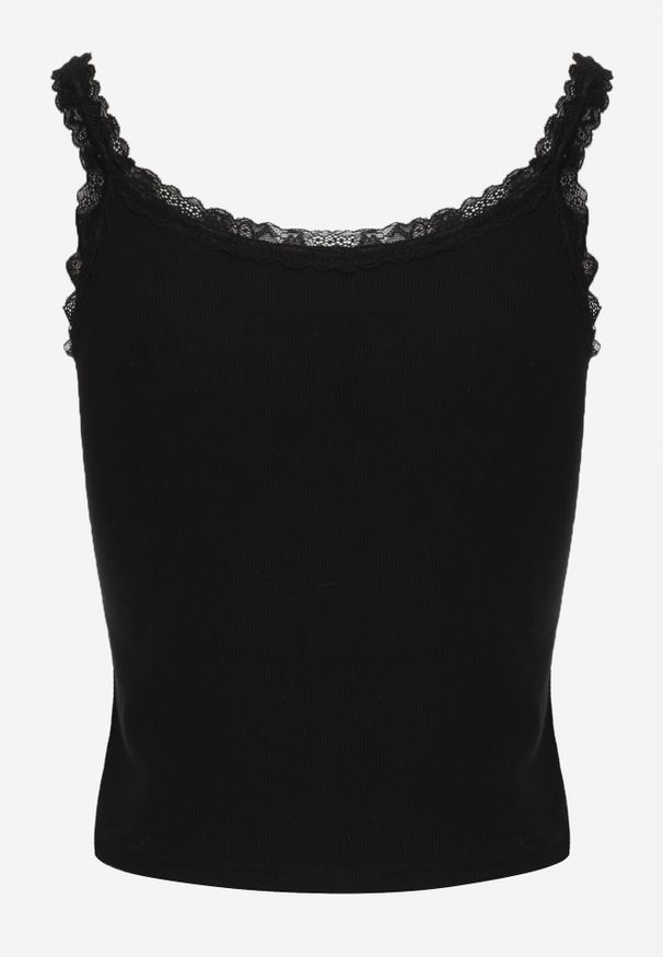 Born2be - Czarny Top z Bawełny Ozdobiony Guzikami i Koronką przy Dekolcie Beralie. Okazja: na co dzień. Kolor: czarny. Materiał: bawełna, koronka. Wzór: aplikacja, koronka. Styl: elegancki, klasyczny, casual