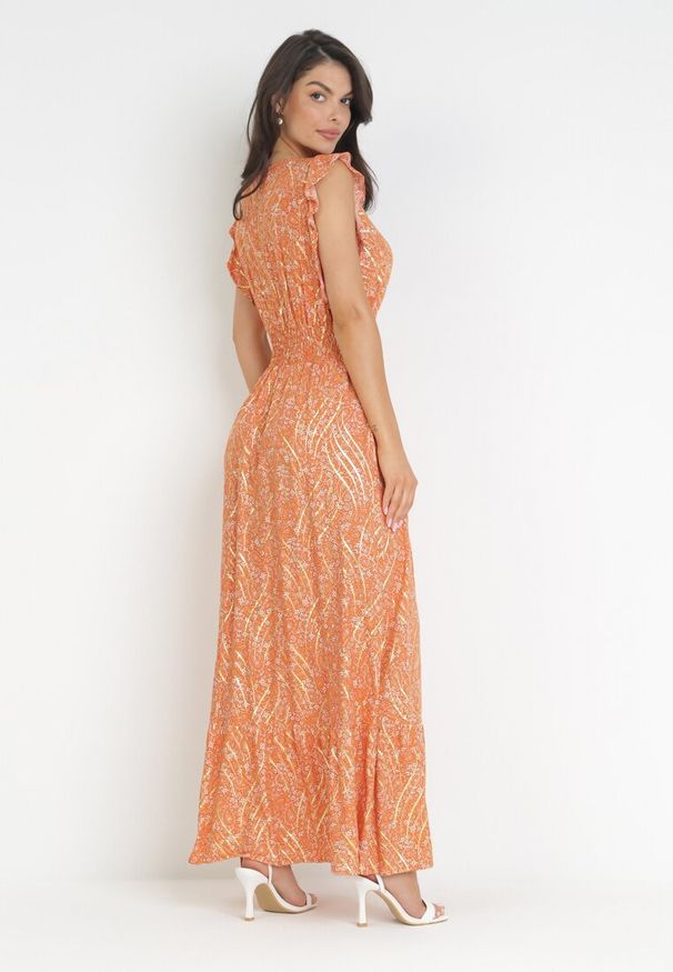 Born2be - Pomarańczowa Maxi Sukienka Wiskozowa z Gumką w Talii i Metalicznym Nadrukiem Fianre. Kolor: pomarańczowy. Materiał: wiskoza. Wzór: nadruk. Typ sukienki: kopertowe. Długość: maxi