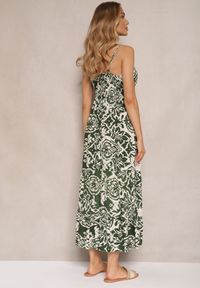 Renee - Zielona Sukienka z Bawełny o Rozkloszowanym Kroju w Etniczny Print Taliraya. Okazja: na co dzień, na spacer. Typ kołnierza: dekolt w serek. Kolor: zielony. Wzór: nadruk. Typ sukienki: rozkloszowane. Materiał: bawełna. Długość rękawa: na ramiączkach. Sezon: lato. Styl: casual #5