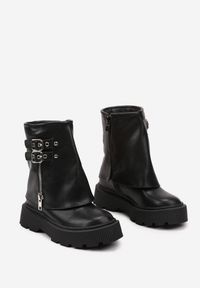 Born2be - Czarne Botki na Grubej Tłoczonej Podeszwie z Wywinietą Cholewką Ozdobnym Suwakiem Tinthelis. Okazja: na co dzień, na spacer. Kolor: czarny. Materiał: jeans. Szerokość cholewki: normalna. Wzór: kolorowy. Styl: klasyczny, casual, elegancki #3