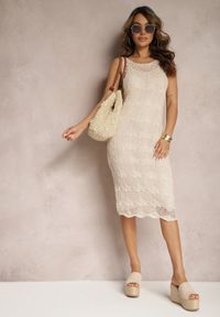 Renee - Beżowa Ażurowa Sukienka o Fasonie Bodycon z Halką na Ramiączka w Komplecie Xanthemme. Okazja: na imprezę. Kolor: beżowy. Długość rękawa: na ramiączkach. Wzór: ażurowy. Typ sukienki: bodycon. Styl: elegancki