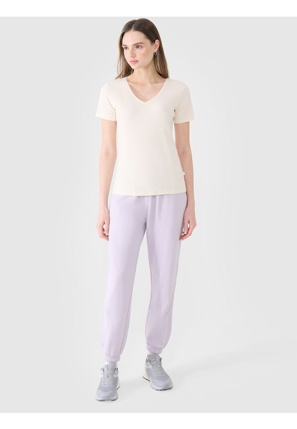 4f - 4F T-shirt slim gładki damski - biały S. Okazja: na co dzień. Typ kołnierza: dekolt w serek. Kolor: biały. Materiał: dzianina, bawełna, jersey, materiał, skóra, elastan. Długość rękawa: krótki rękaw. Długość: krótkie. Wzór: gładki. Styl: klasyczny, sportowy, casual